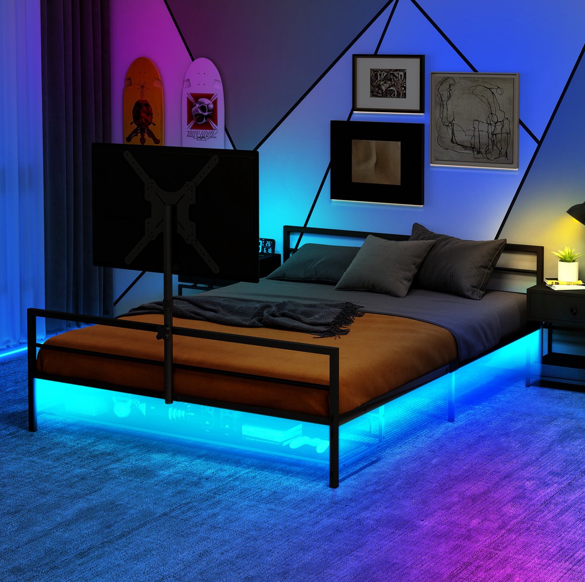COVREO Bed 206x95 cm zwart metaal, met LED, monitorhouder en opbergkorf