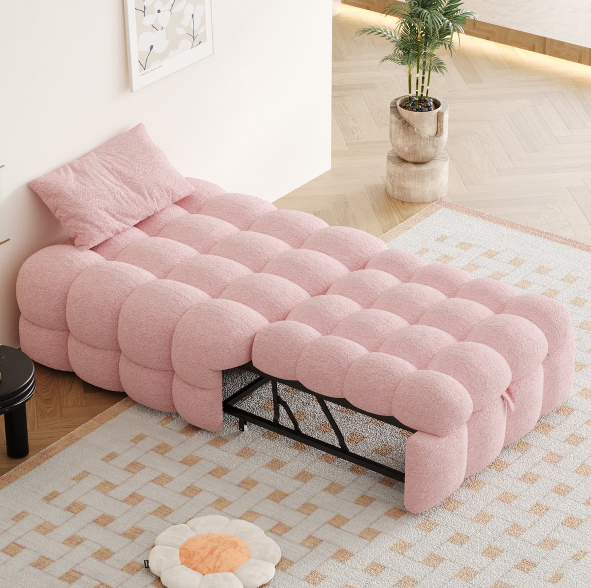 COVREO Slaapbank 183x76 cm roze, bouclestof 2 in 1 uitschuifbaar