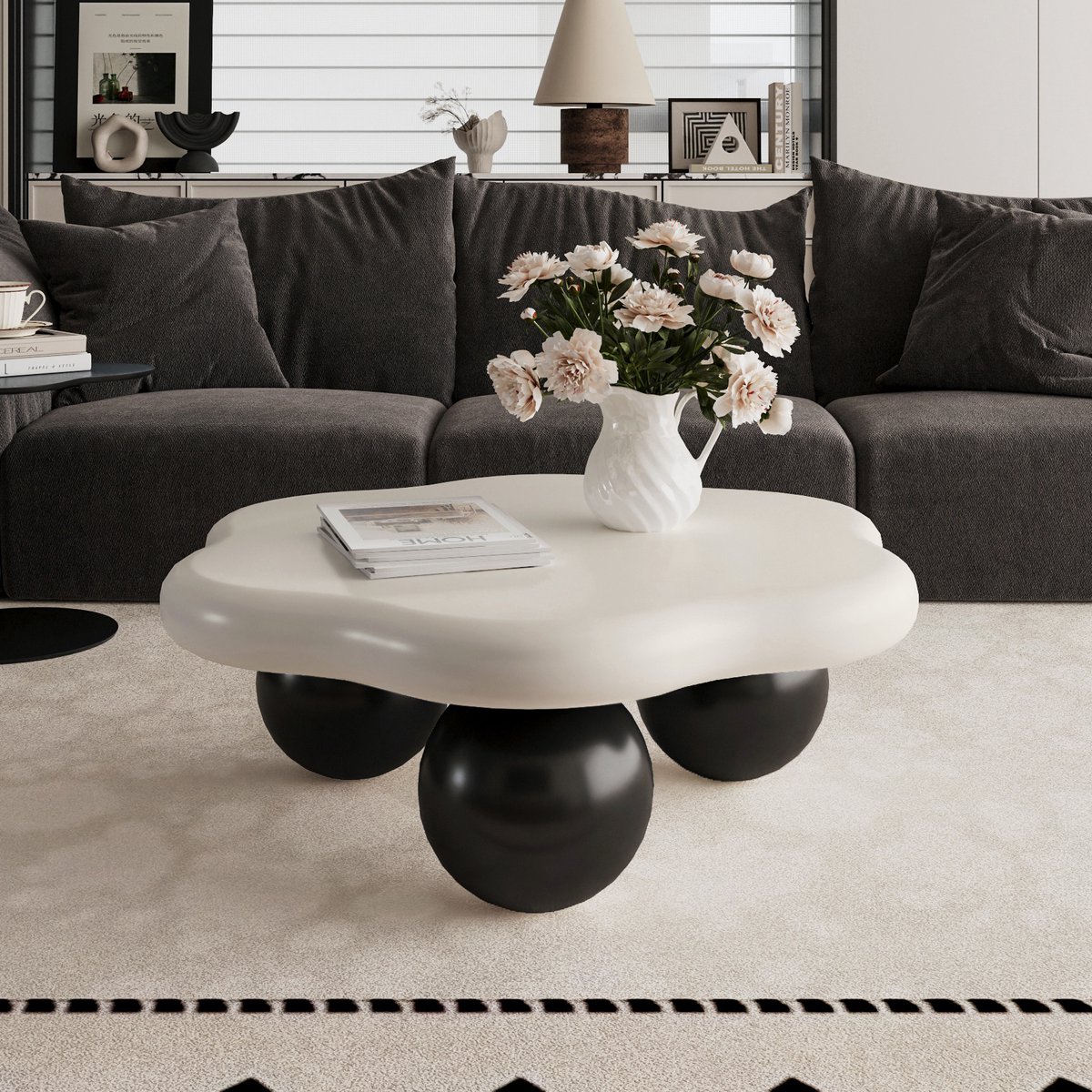 MIVRAY Salontafel - Wolkvormig Design Met Ronde Poten - Voor Woonkamer En Kinderhoek - MDF - 80x35 Cm - Zwart Wit
