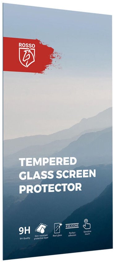 Verpakking van tempered glass screenprotector met rode logo en berglandschap.