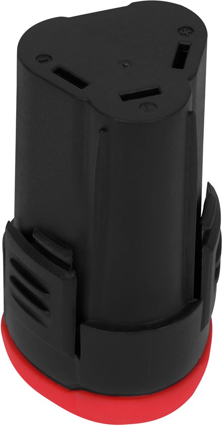 Zwarte 12V accu met rode onderkant en grijze klemmen.