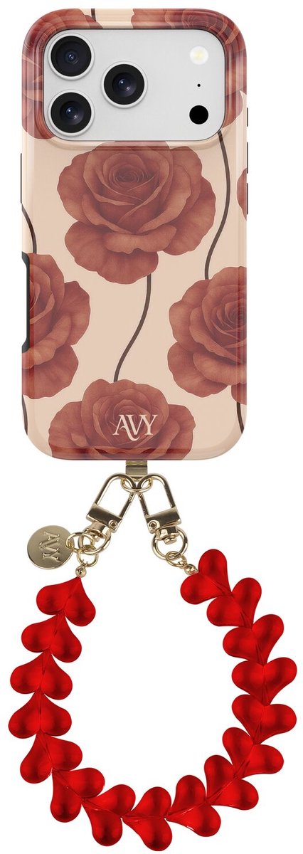 AVY Hoesje Met Telefoonkoord | Geschikt voor Apple iPhone 17 Pro Max | Compatibel met MagSafe | Hard Shell Back Cover | Stijlvol Bijpassend Koord 30CM | Hearts & Roses | Rood