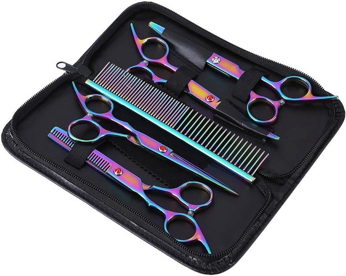 Set van 6 Dierenverzorgingsscharen in Regenboogkleur van Roestvrij Staal voor Honden en Katten, Inclusief Thinning Shear en Kam voor Professionele Verzorging en Ontklitten
