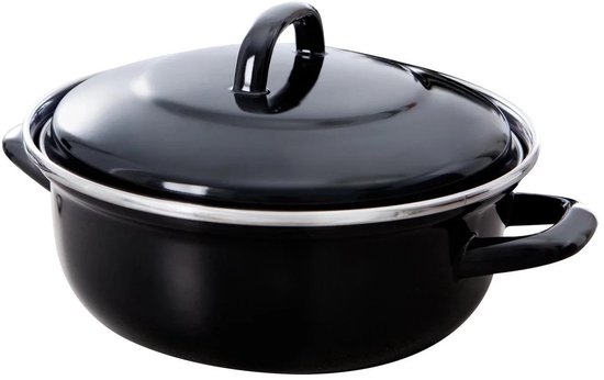 Zwarte emaille braadpan met deksel, zilverkleurige rand en handvatten.