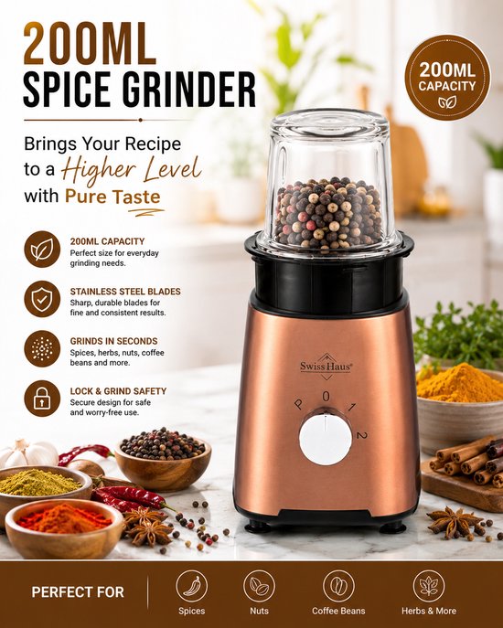 Swiss Haus® BL2115 Blender - 500W Smoothie Maker - 1.5L Glazen Kan & Grinder - RVS Messen - 2 Snelheden + Pulse - Vaatwasbestendig - Veiligheidsmicro-schakelaar - Koper van Swiss Haus — afbeelding 5