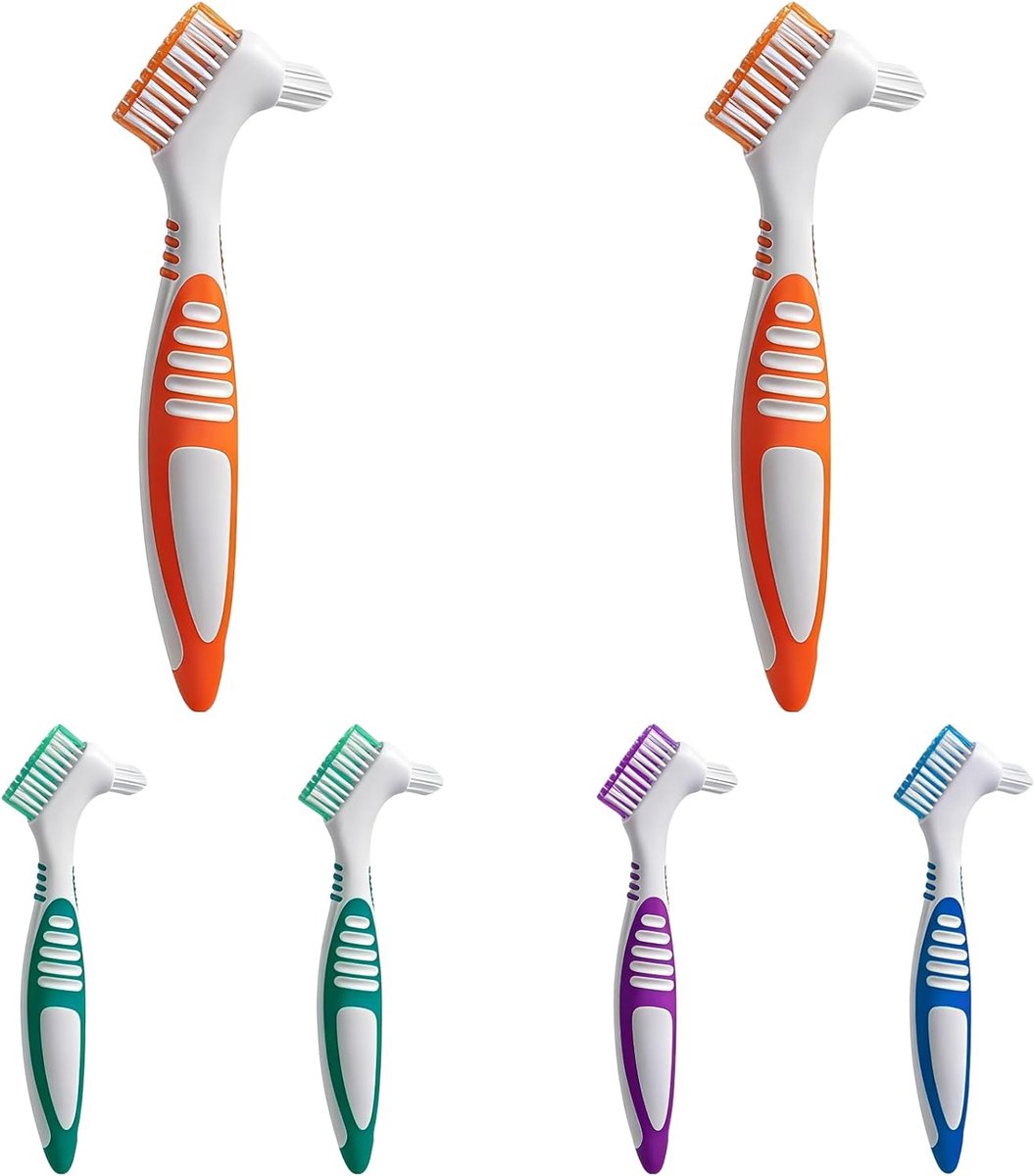 Kunstgebit Reiniger - Dubbelzijdige Borstel - Kunstgebit Verzorging - Antislip Grip - 6 Stuks - Veelkleurig