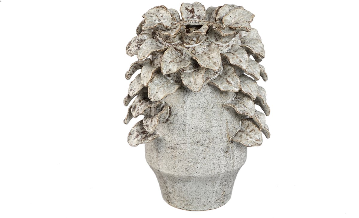 PTMD Varda Beige Ceramic Rough Vase With Leaf Details S