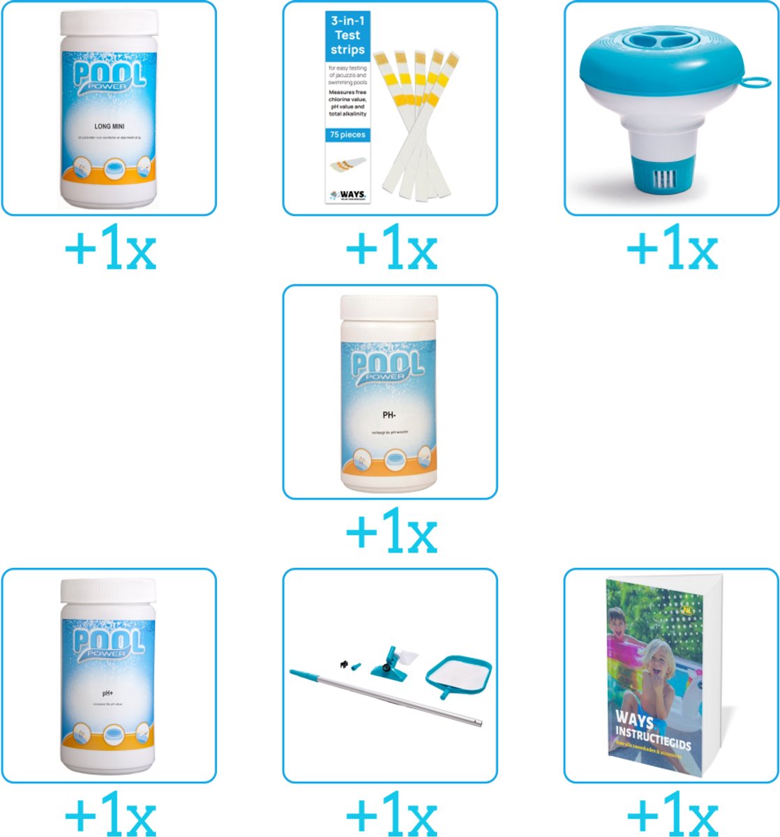 Zwembad Onderhoudspakket - Onderhoud Zwembad - bevat Chloor - Testrips - Chloordrijver - PH-min - PH-plus - Schoonmaakset en Zwembadgids (7-delig)