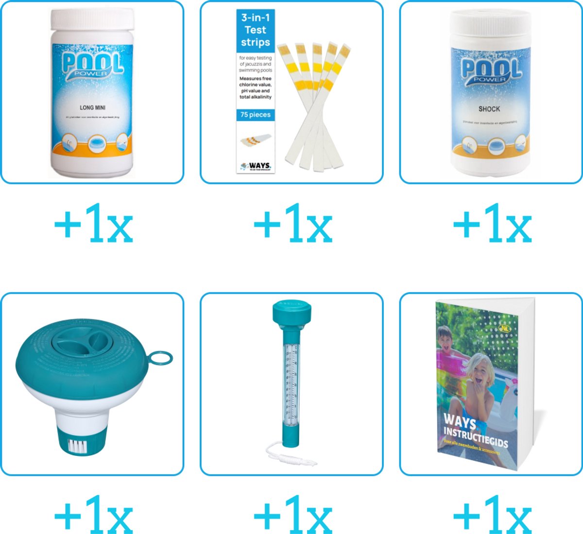 Zwembad Onderhoudspakket - Onderhoud Zwembad - bevat Chloor - Testrips - Shock - Chloordrijver - Thermometer en Zwembadgids (6-delig)