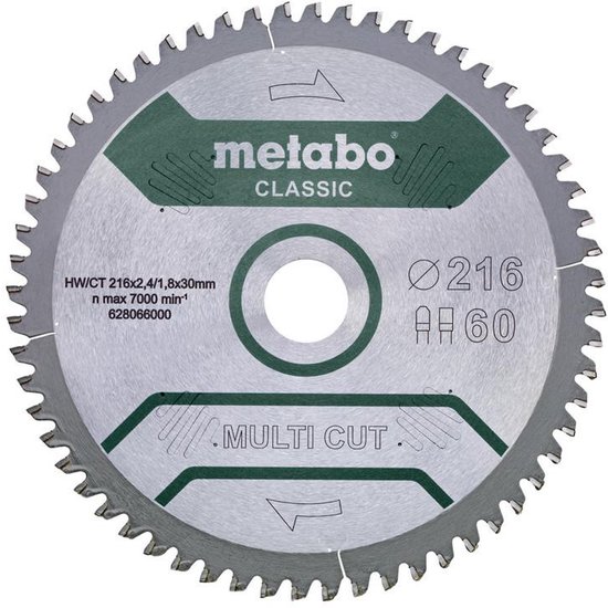 Metabo Classic cirkelzaagblad met 60 tanden, diameter 216mm. HW/CT 216x2,4/1,8x30mm.