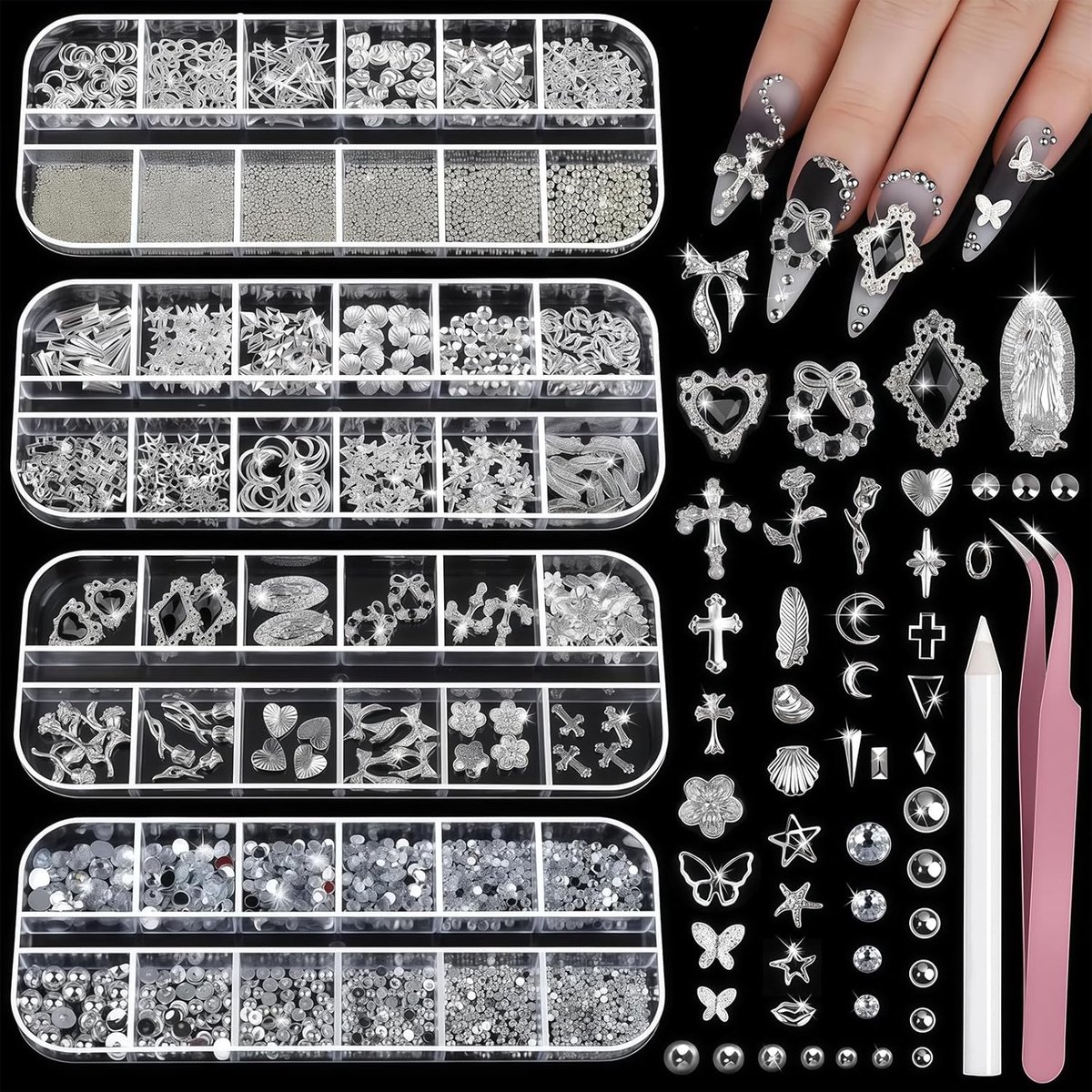 OLOEY Silber Nagel Charms und Edelsteine Kit-4 Boxen nagel sieraden zilver strass voor nagels-3D Y2K nagel accessoires-kruis charms voor nagel design ster-kaviaar parels voor nagel kunst