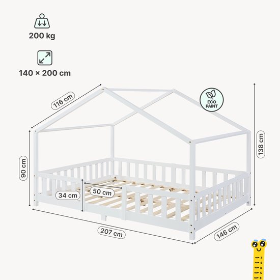 Dimensions d'un lit maison blanc avec barreaux, sommier et cadre de toit. 200 kg, 140x200 cm.