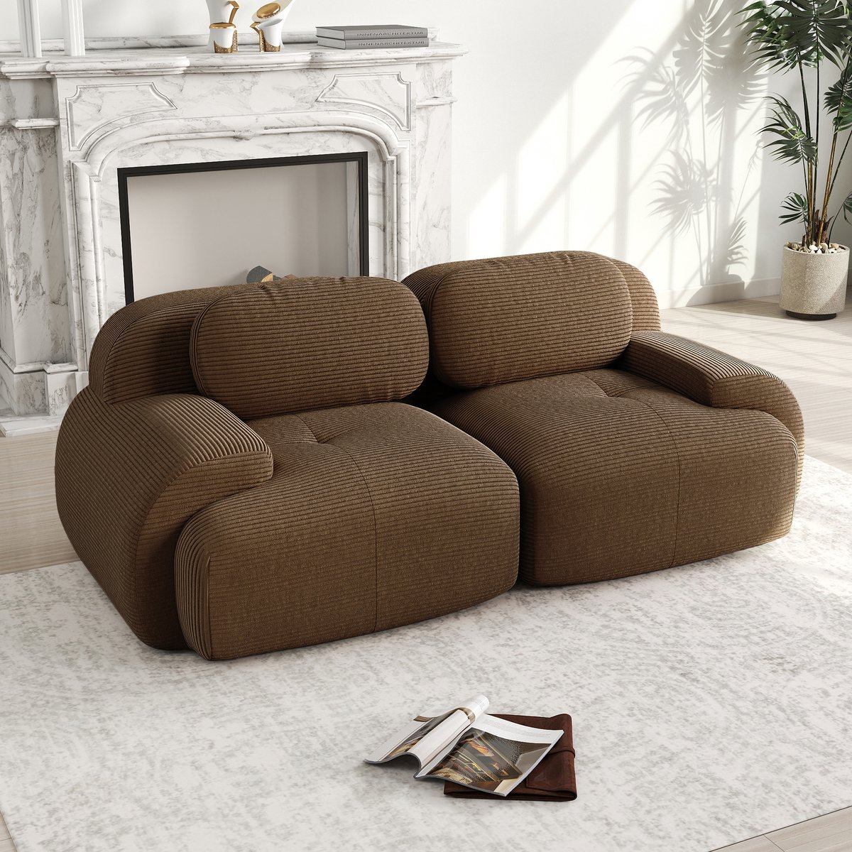 DESMIU Zitbank 208 Cm - 2-Zits Modulair Zonder Frame Met Gebogen Armleuningen En Antislip Onderzijde - Voor Woonkamer En Slaapkamer - Corduroy Bruin