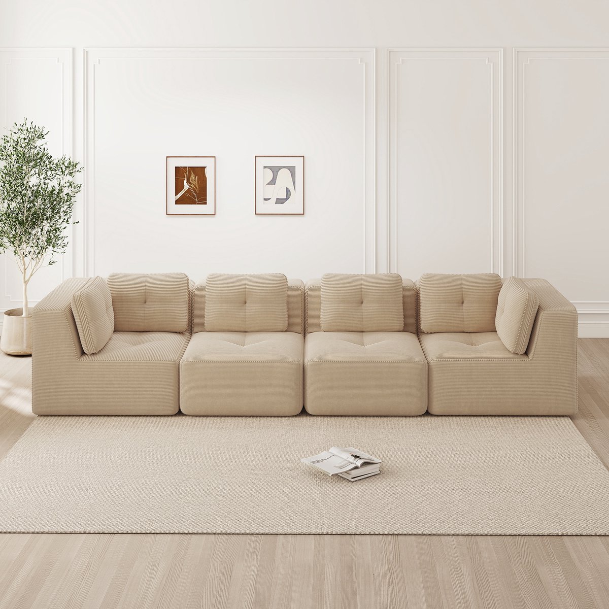 DESMIU Hoekbank 386 x 104 x 69 cm - Modulaire 4-Zits Met Diepe Zit En Zachte Kussens - Voor Woonkamer En Lounge - Corduroy Beige