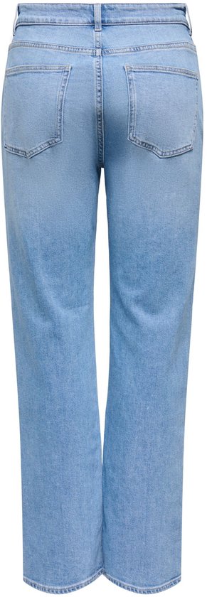 Lichtblauwe mom fit jeans met rechte pijpen, op wit de achterkant.