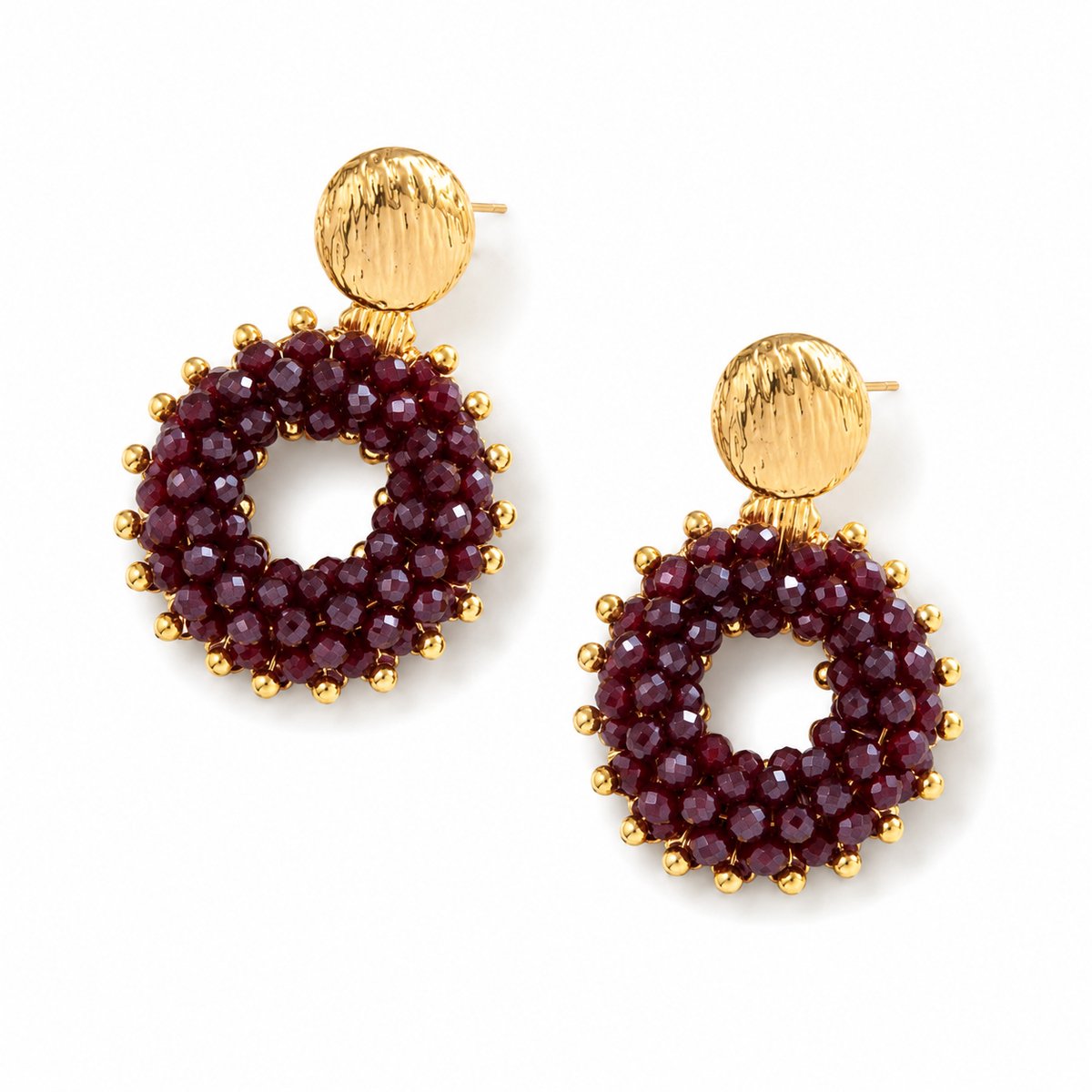 Luxamore® Dames Oorbellen Goudkleurig – Bordeaux Kralen Statement Oorbellen – Ronde Hang Oorbellen – Feestelijke Oorbellen voor Dames