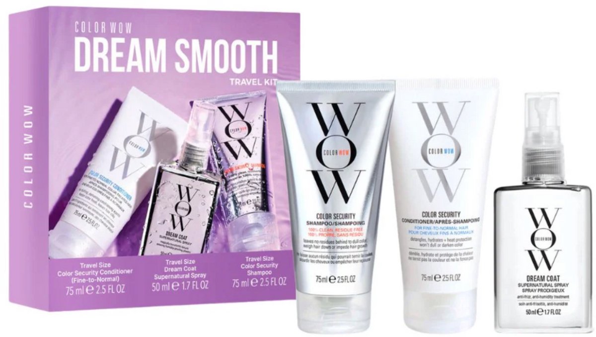 Color Wow Dream Smooth Discovery Set - Anti-pluis & glans essentials voor onderweg - Shampoo, conditioner en vochtwerende haarspray - 75ml, 75ml & 50ml