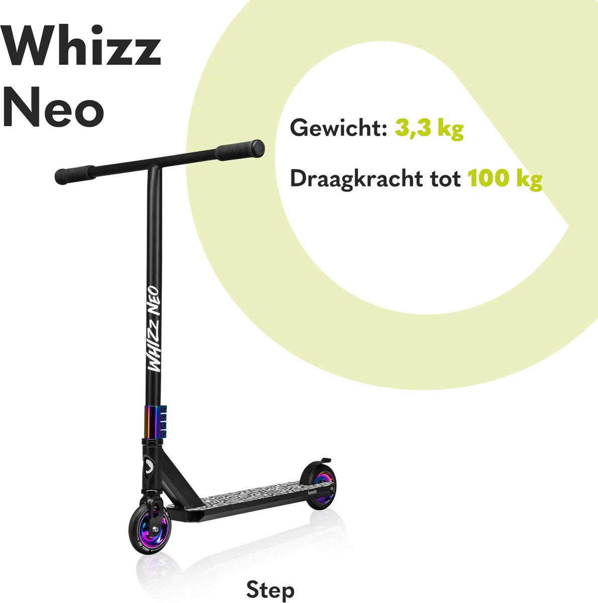 Lionelo Whizz Neo Freestyle Step + Fietshelm voor kinderen – 110 mm PU High Rebound Wielen – ABEC-9 Lagers – HIC Compressiesysteem – Breed T-Bar Stuur – Antislip Aluminium Deck – Neochrome Afwerking – Stuntstep tot 100 kg – Lichtgewicht 3,6 kg — afbeelding 6