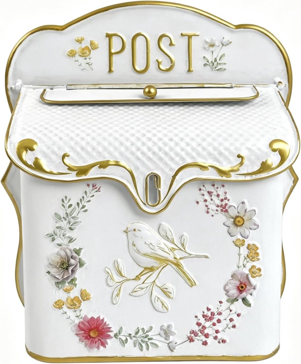 Wandbrievenbus Antiek - Decoratieve Postbak - Briefopslag Decoratie - Vogel Bloem Patroon - 31 cm Hoog - Goud Accenten