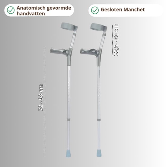 Grijze elleboogkrukken met anatomisch gevormde handvatten en gesloten manchet. In hoogte verstelbaar van 72-98 cm.