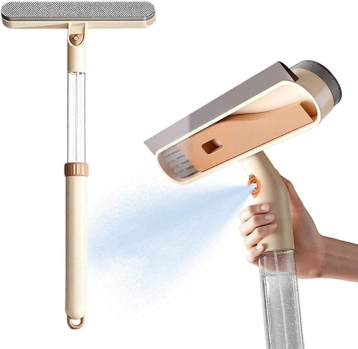 Raamwisser met steel - Glasreiniger trekker - Streeploos reinigen - 5-in-1 dubbelzijdige kop - 53 cm uitschuifbaar - Kaki