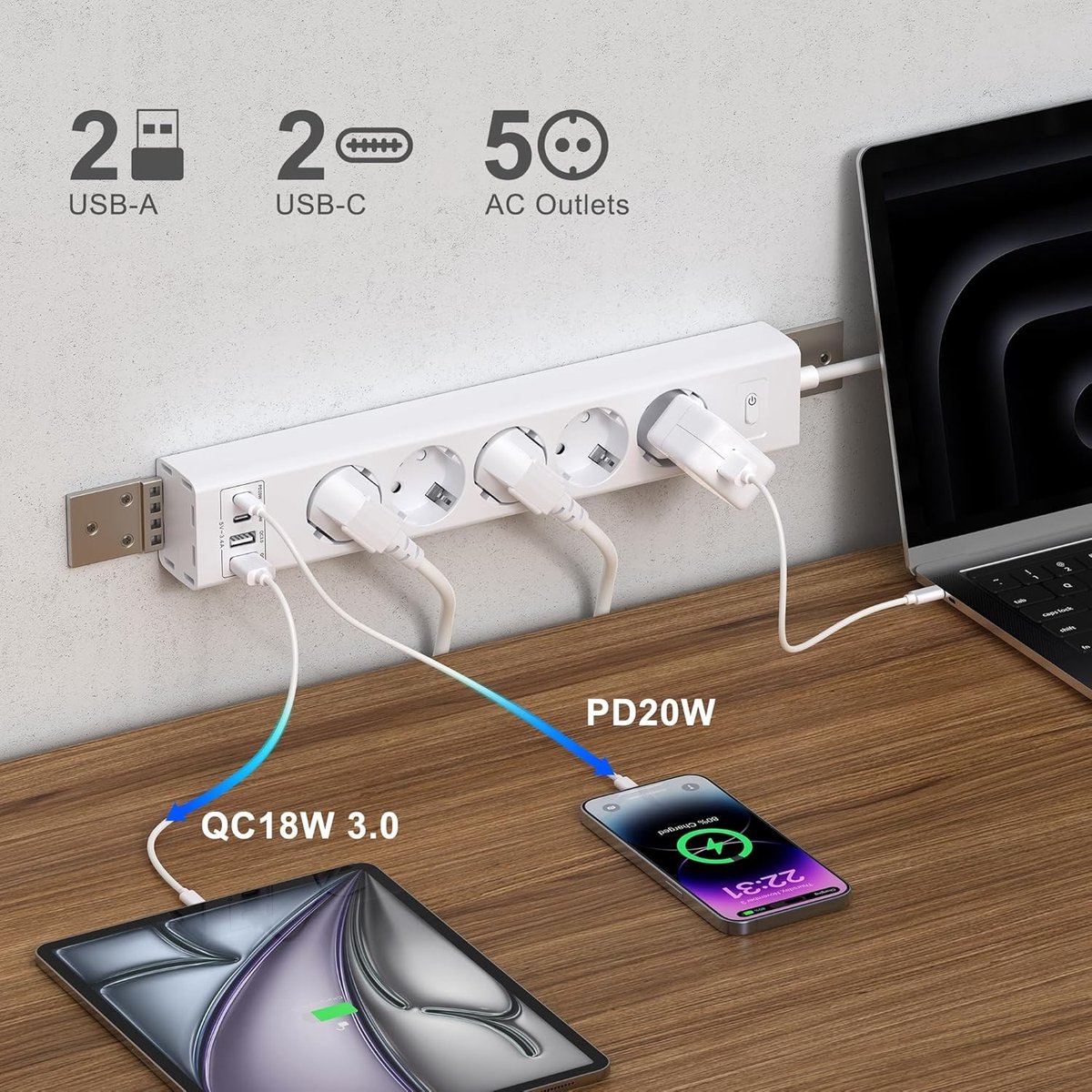 Stekkerdoos voor Montage onder het Bureau - Zwart - 2 USB-C en 2 USB-A - 4000W Vermogen - Voor Thuis en Kantoor