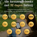 Een vrouw zit buiten met een e-reader, omringd door gouden cirkels met e-book formaten zoals EPUB, PDF, MOBI, JPG.
