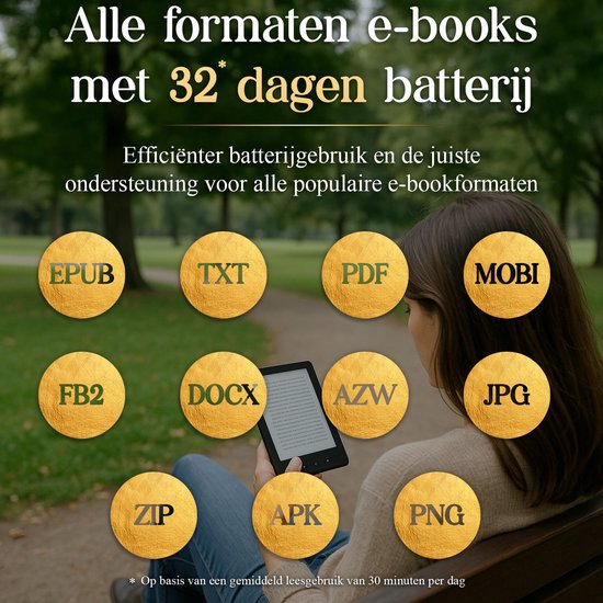 Een vrouw zit buiten met een e-reader, omringd door gouden cirkels met e-book formaten zoals EPUB, PDF, MOBI, JPG.
