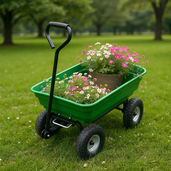 RosaBloom Tuinwagen - Kruiwagen met 4 wielen - Handkar - Grote Laadcapaciteit - 93 x 50.5 x 51 cm - Staal Polyethyleen - Groen — afbeelding 2