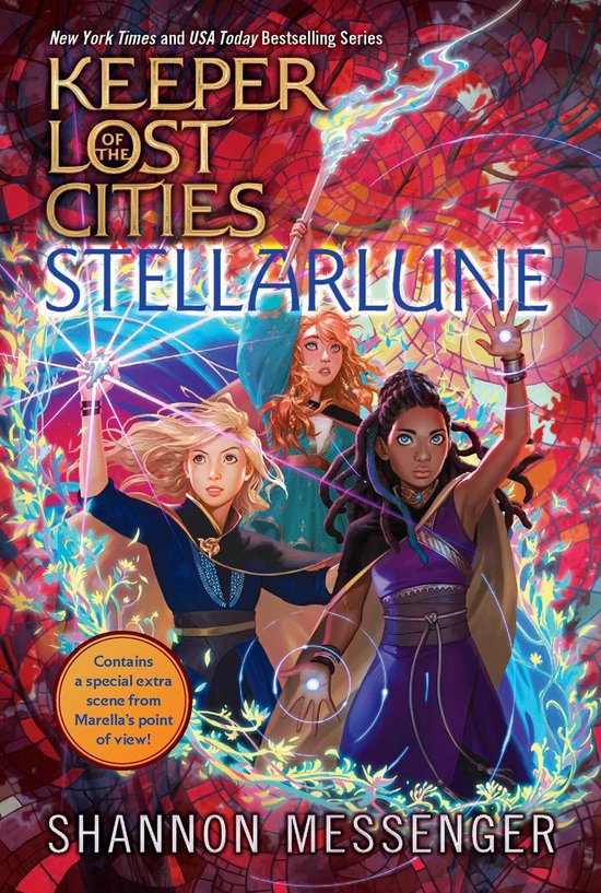 Boekomslag met drie meisjes met magische krachten, met de titel 'Keeper of the Lost Cities: Stellarlune'.