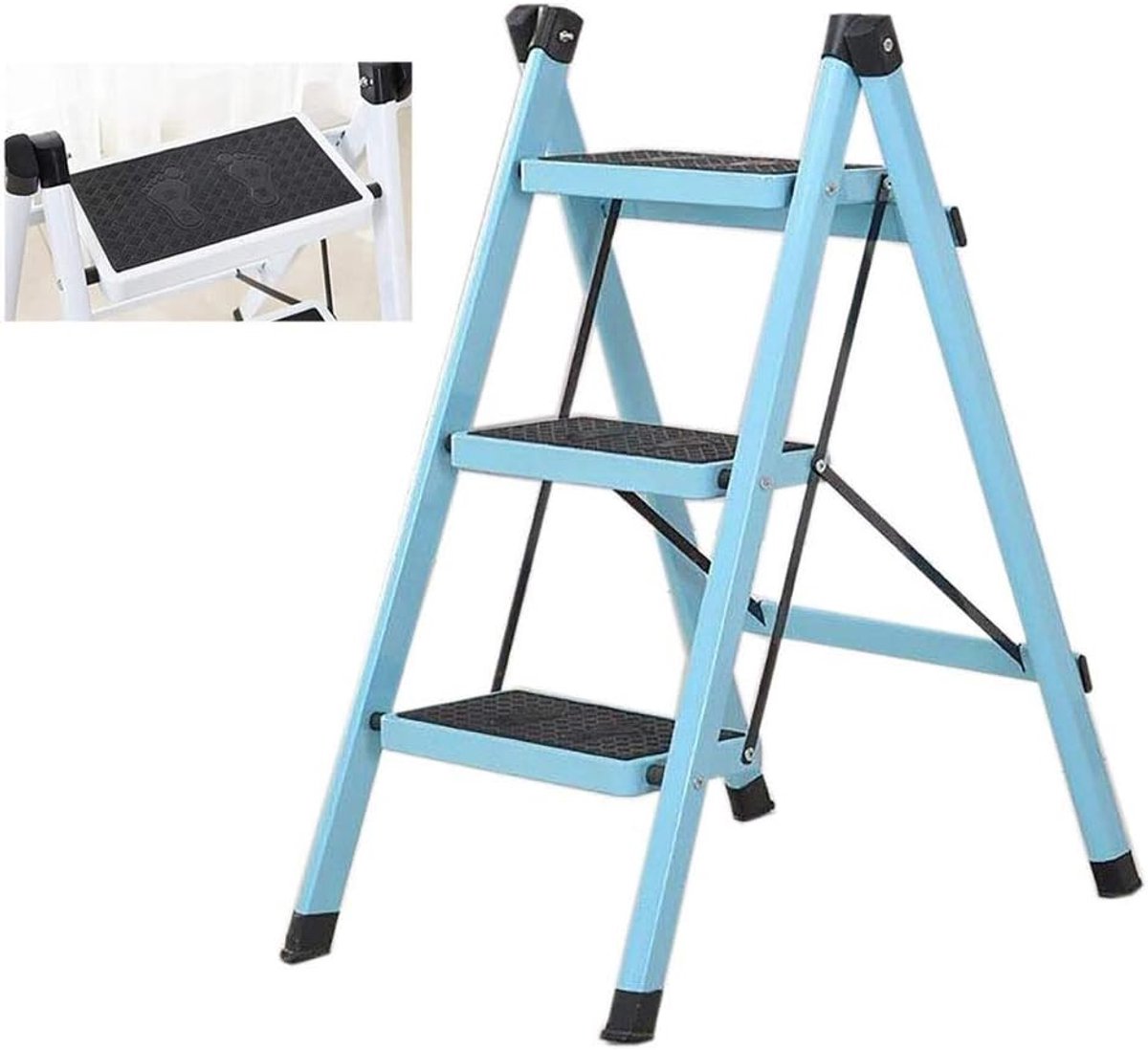 Opstapkruk met antislipmat - Ladderkruk vouwbaar - Hoge plekken bereiken - Lichtgewicht inklapbaar - 3-traps - Hemelsblauw