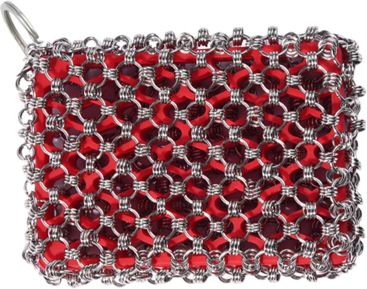 Pan Schoonmaker - Keukenborstel Ketting - Gietijzer Reinigen - Roestvrij Staal - 12 x 8 cm - Rood