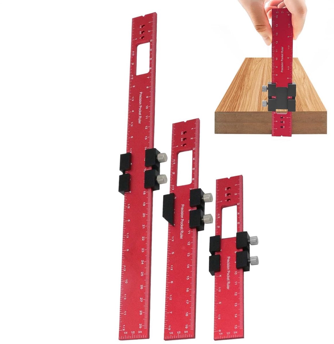 Houtbewerkingsliniaal - Meetgereedschap - Precisie meten - Verstelbare schuifstop - 3 stuks - Aluminium