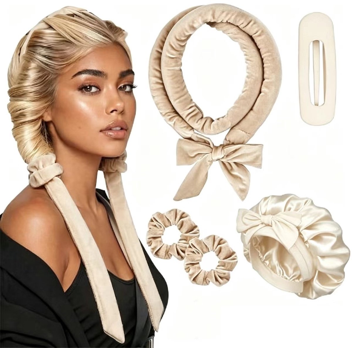 Deze set met hittevrije krultang bevat een zachte en comfortabele haarband, geschikt voor krullen die je 's nachts laat zitten of voor dagelijks gebruik,Beige 5-delige set