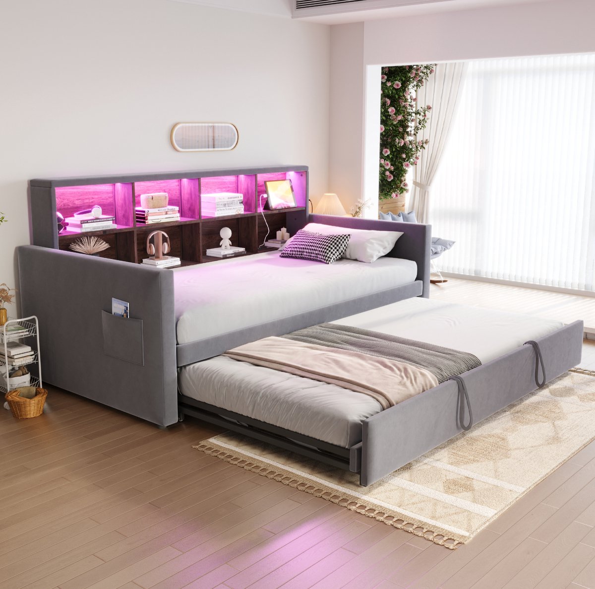 MEUNIQ slaapbank 90x190 cm met uitschuifbaar bed, hoofdbord met opbergruimte, LED-verlichting, stopcontacten en USB/Type-C, velours donkergrijs