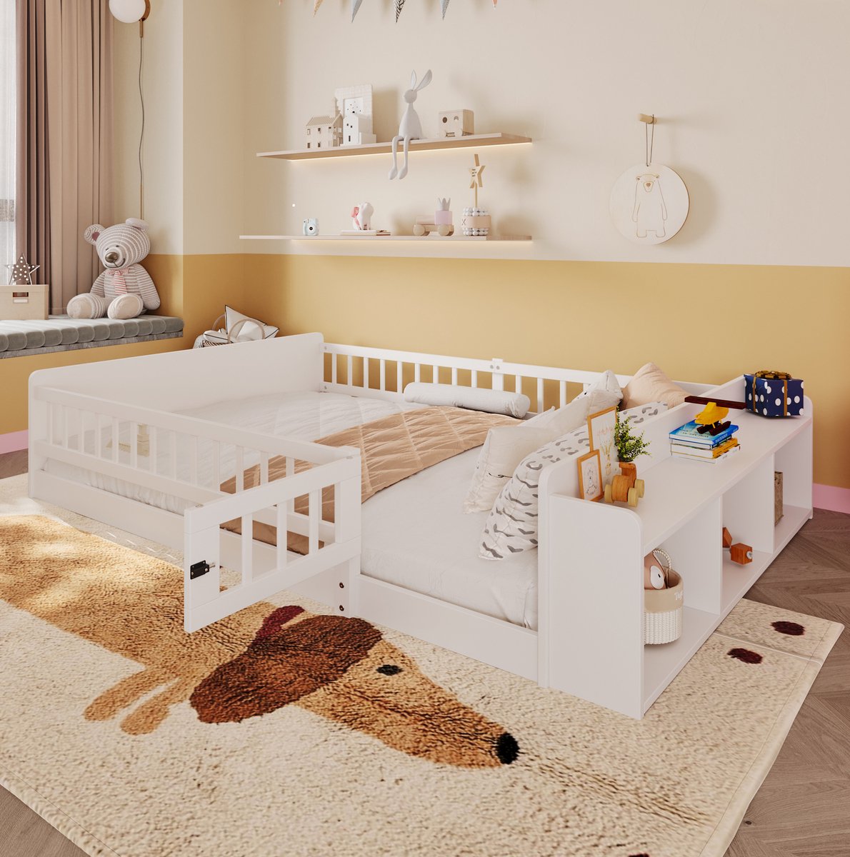 MEUNIQ kinderbed 140 x 200 cm met open opbergruimte, legplanken en uitvalbeveiliging met openklapbare deur, grenen en MDF, normaal bed voor kinderkamer, wit