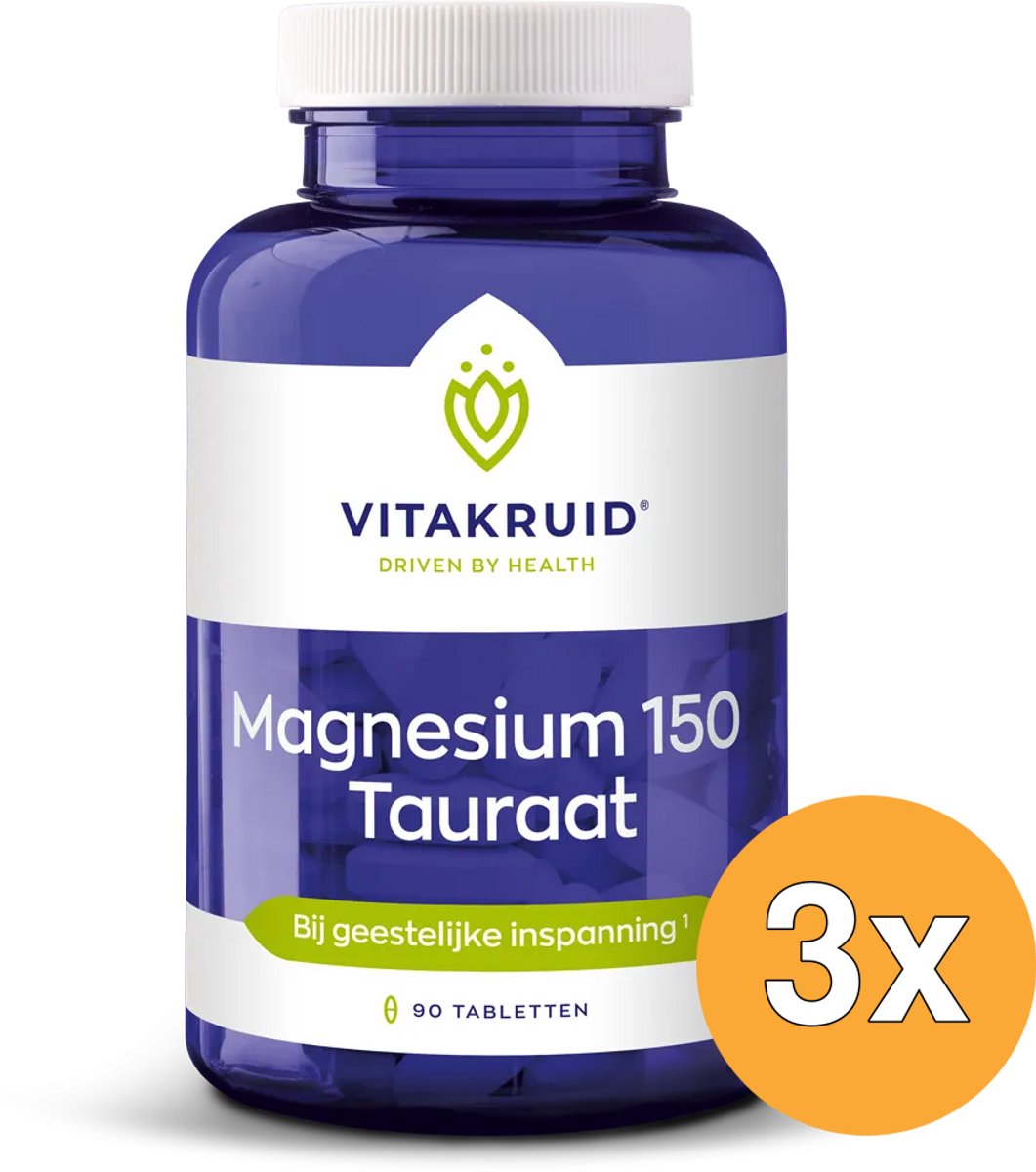 3x Vitakruid Magnesium 150 Tauraat (90 tabletten)