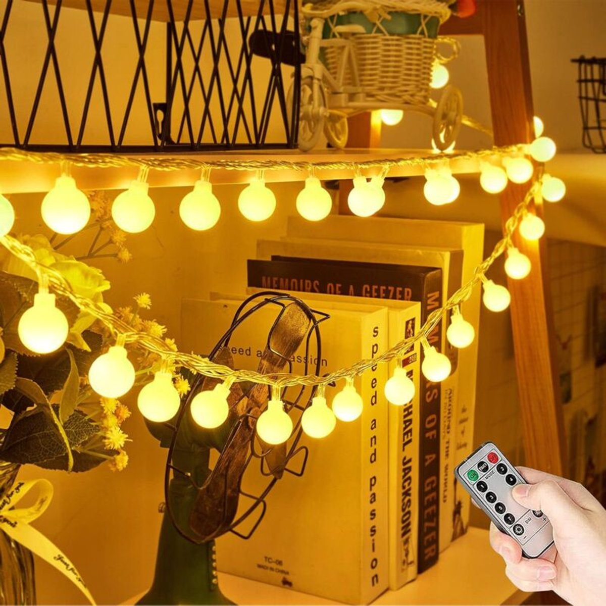 10geschikt voorer lange lichtslinger buiten, 80 warmwitte LED-lampjes – IP65 waterdicht – werkt op 3 AA-batterijen – 8 standen,geschikt voor afstandsbediening