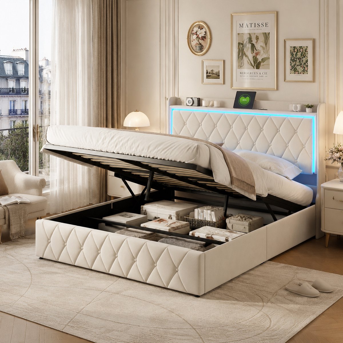Opbergbed 140x190 cm, gestoffeerd bed met USB-oplaadpunten en LED-verlichting, tweepersoonsbed met opbergruimte en lattenbodem, fluweel Beige