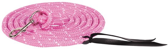 Roze longeertouw met zilveren clip en zwart handvat.