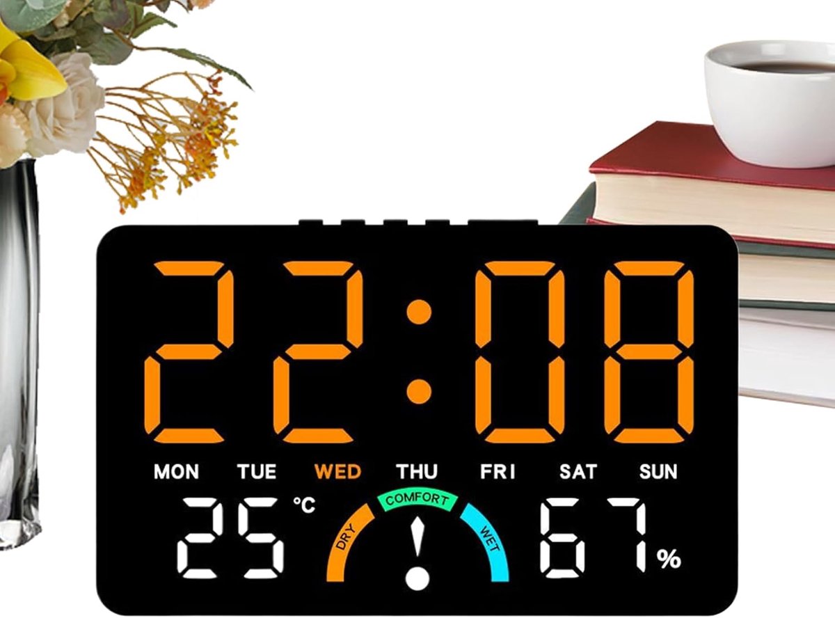 Digitale Wandklok - Kamerklok Temperatuur Luchtvochtigheid - Tijd en Klimaat Monitoren - Groot LED Display - 16 x 10 cm