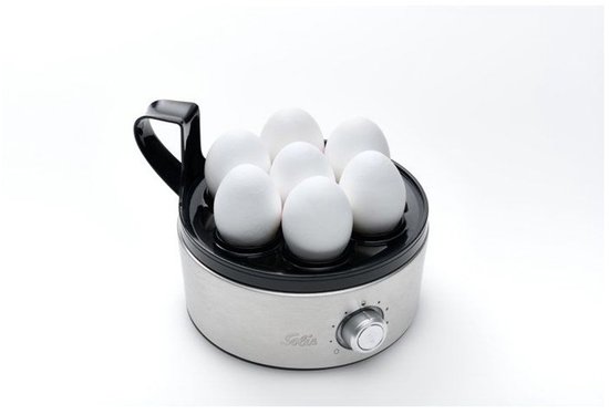 Zilverkleurige Solis eierkoker met 7 witte eieren, met een draaiknop aan de voorkant.