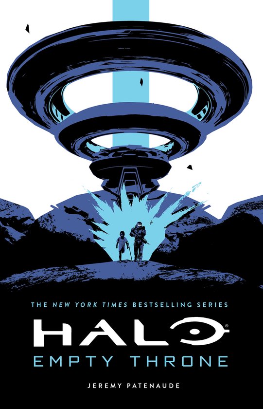 La couverture du livre 'Halo: Empty Throne' montre deux silhouettes regardant un anneau Halo géant. Le texte 'Halo Empty Throne' est visible.