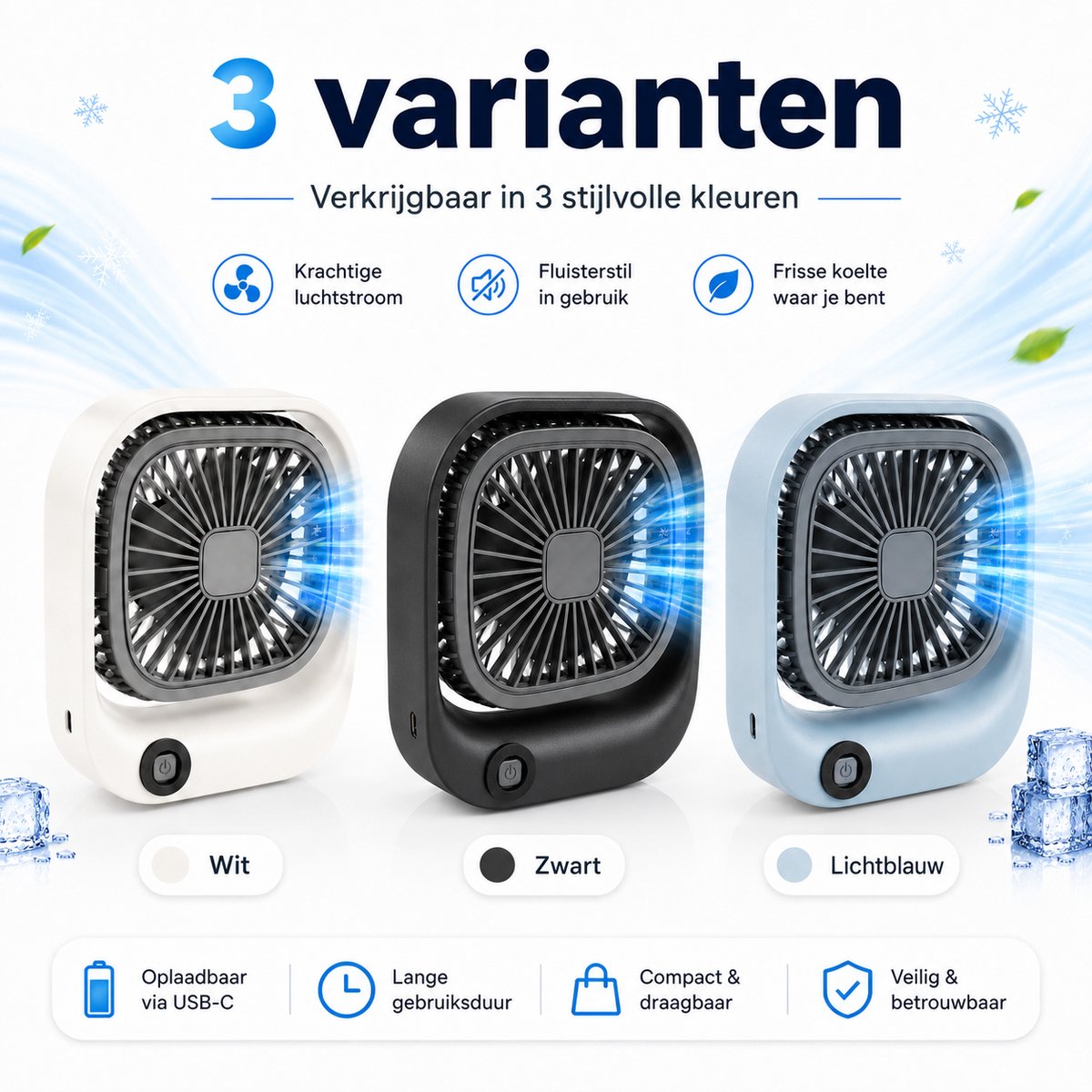 Kleine Draagbare Bureauventilator - Compacte USB-C Ventilator - Mini Tafel Ventilator 3 Standen - voor Auto, Kantoor & Onderweg - Lichtgewicht Mini Desk Fan - Kleine Oplaadbare Ventilator - Handventilator Oplaadbaar - Handwaaier - Blauw - Silvergear — afbeelding 7