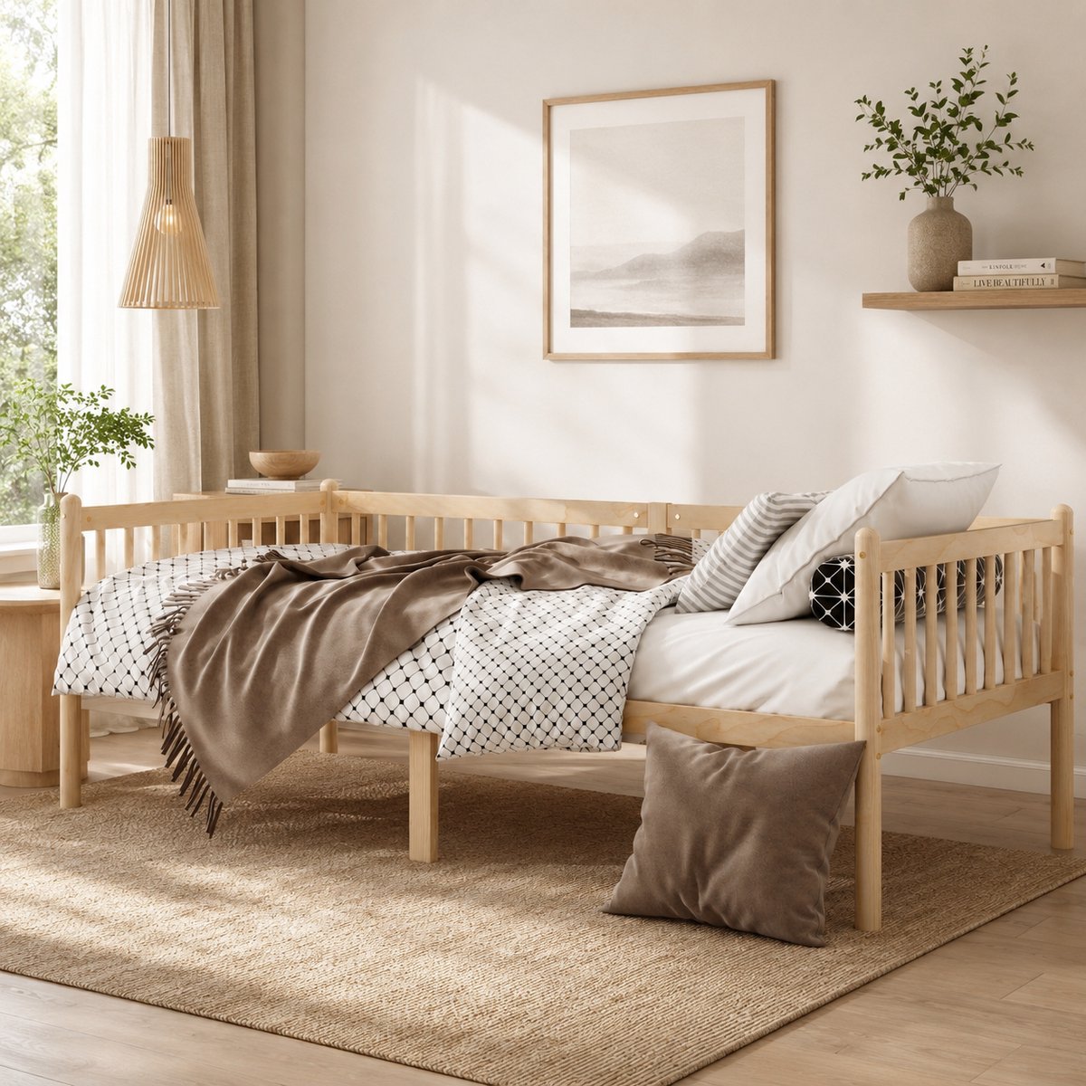 Kinderbed 90x200 cm - Eenpersoonsbed - Vloerbed - Houten frame - Met veiligheidsreling - Veilig en comfortabel - Creëer een Veilige & Stijlvolle Slaapomgeving - Natuurlijke houtkleur