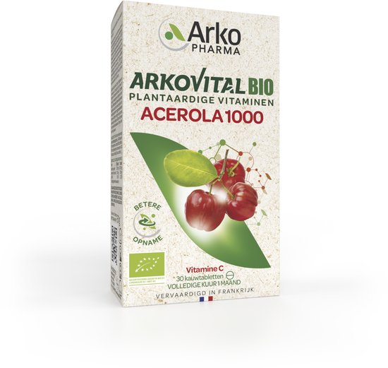Doos Arkovital Bio Acerola 1000 vitamines. Rode kersen met groene bladeren. BIO gecertificeerd.