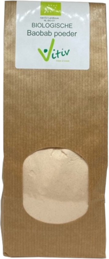 Bruine papieren zak met venster met biologische baobab poeder. Label met 'vitiv BIOLOGISCHE Baobab poeder'.