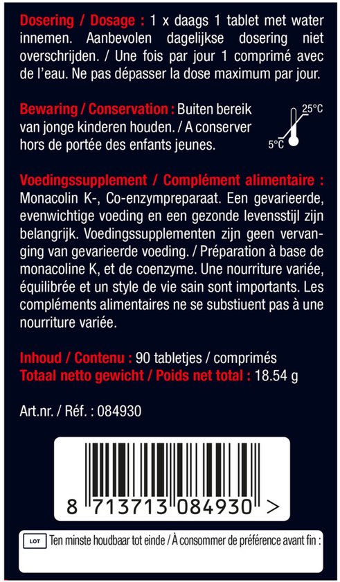 Achterkant van de verpakking Lucovitaal Rode Gist Rijst met informatie over dosering en inhoud.