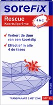 Doosje SoreFix Rescue koortslipcrème met grafische weergave van een lip. Transparant, met zink en SPF 30.