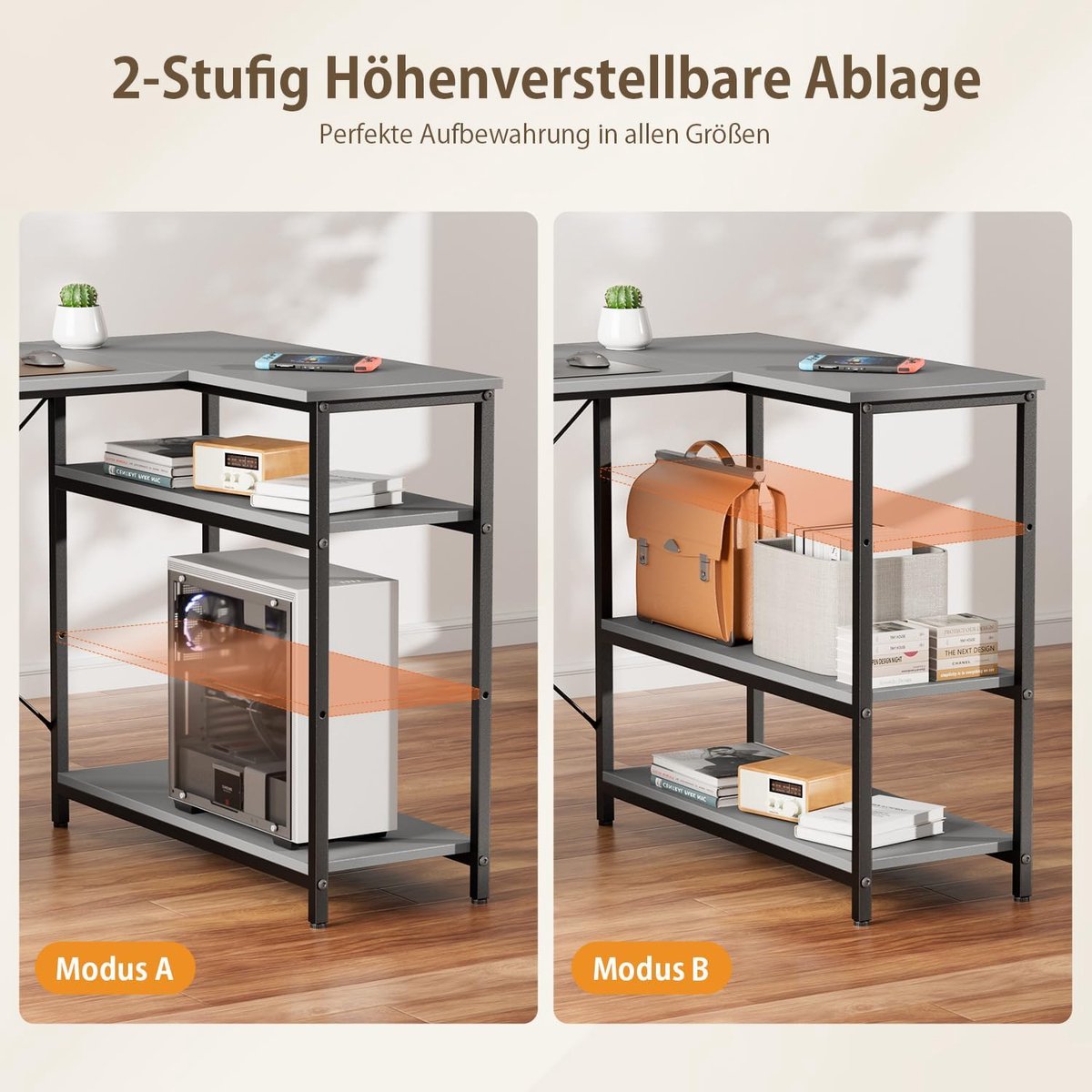 Hoekbureau met Lades - Computerbureau L-vorm - Thuiswerken - Verstelbare Opbergruimte - 120 x 80 cm - Grijs thumbnail 5